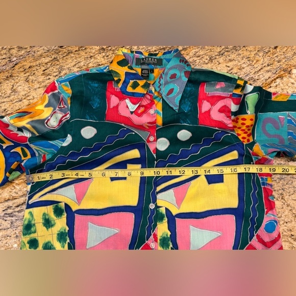 Ralph Lauren Colorful Abstract Artsy Bohemian Cotton Blouse Size Petite Small - Picture 9 of 9
